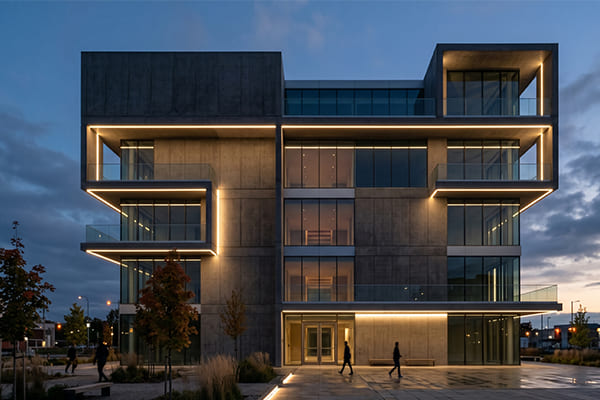 Minimalist building facade with integrated linear lighting at dusk